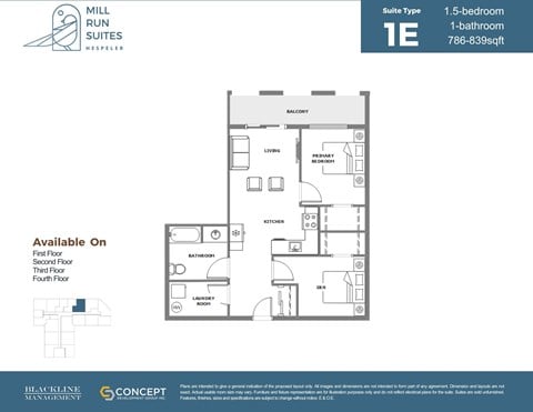 Floor plan for 2 beds, 1 bath, 839 sqft